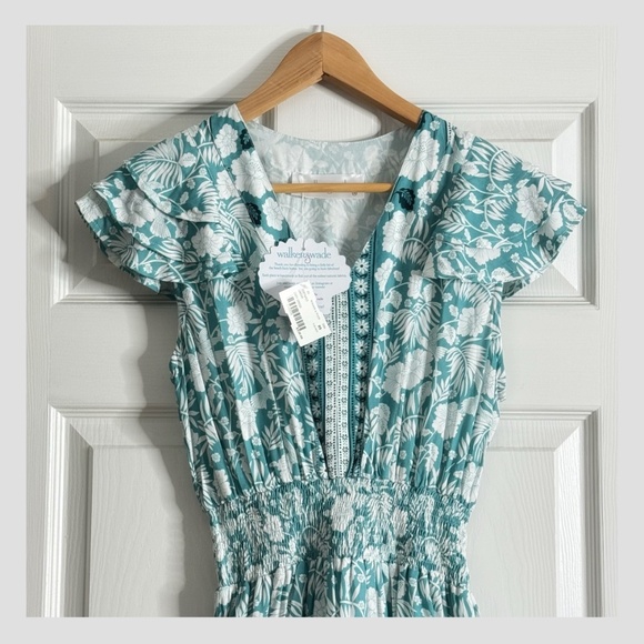 NWT Walker & Wade Zoey Dress Lagoon Print Turquoise Short Sleeve Shirred Waist - Picture 5 of 16